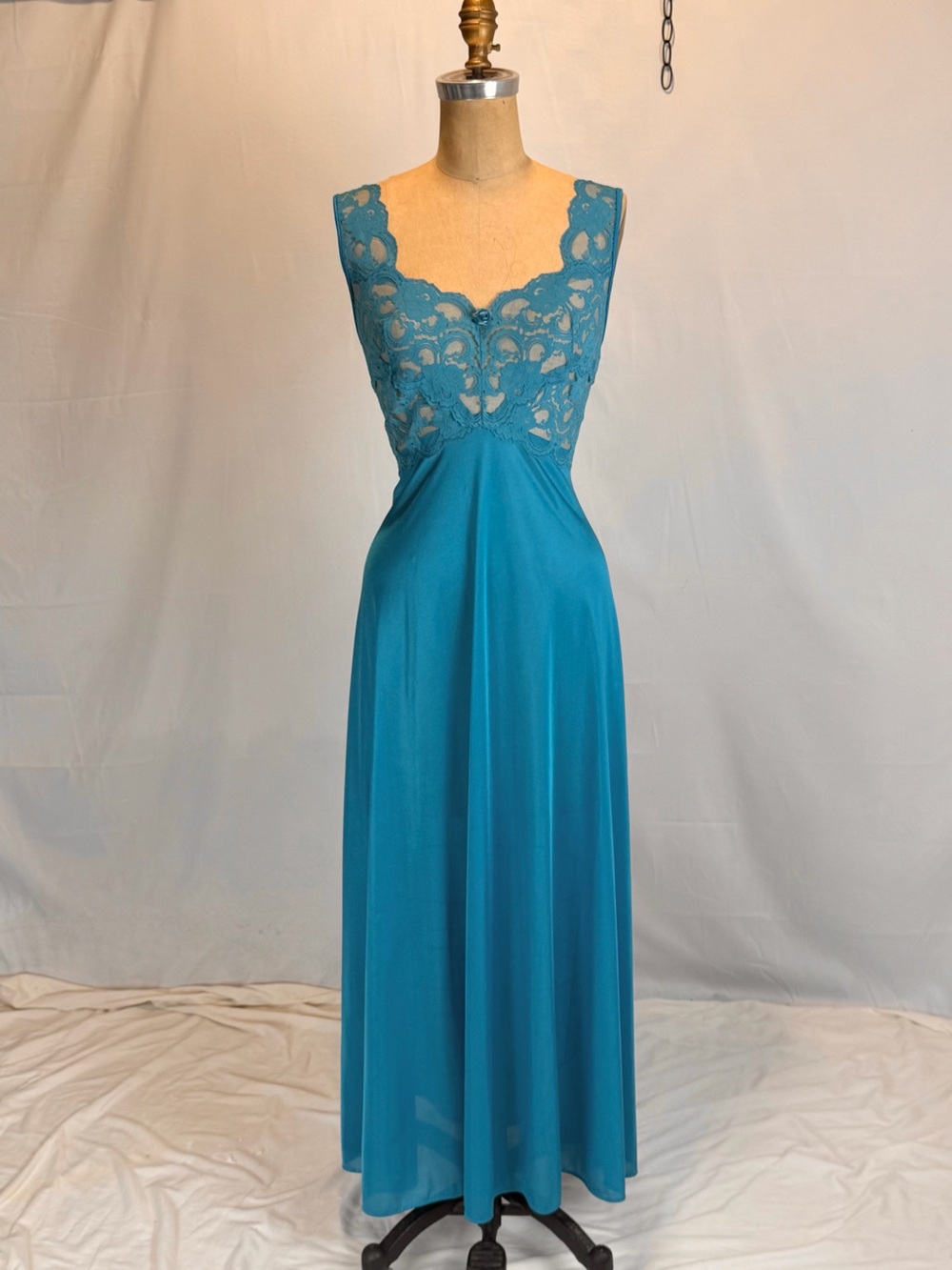 VINTAGE 80s lace floral bodice slip dress nightgown long maxi evening teal blue‎ - Picture 6 of 9